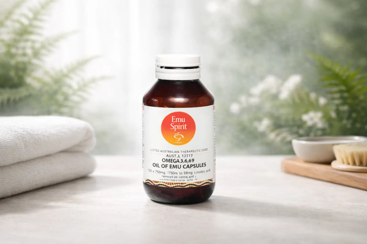 Amber glass bottle of emu oil on a bright vanity with soft natural light.