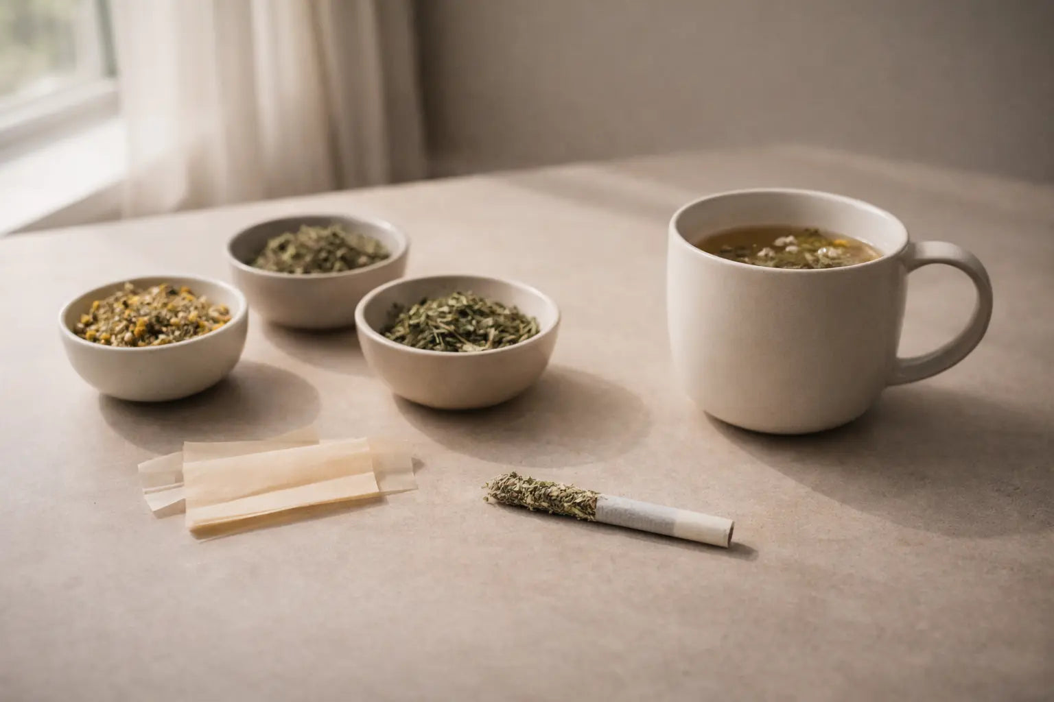 Dried herbs, rolling papers, and an unlit herbal cigarette beside a cup of herbal tea