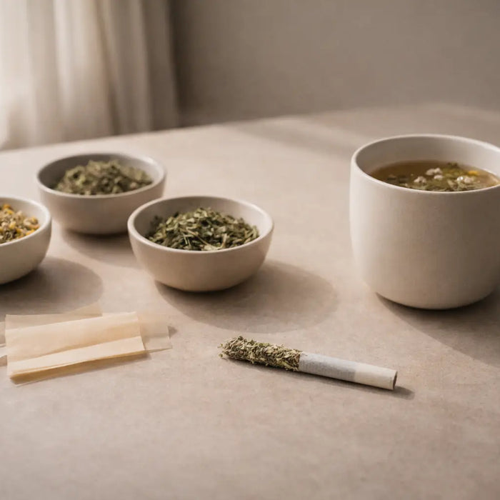 Dried herbs, rolling papers, and an unlit herbal cigarette beside a cup of herbal tea