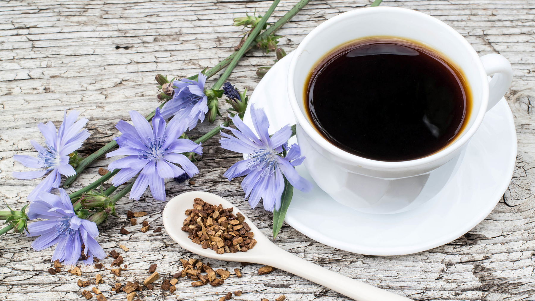 Cup of chicory coffee with roasted chicory root on a wooden table