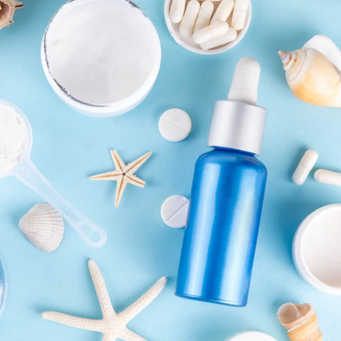 Marine collagen powder beside a glass of water in a clean wellness setting for a New Zealand buying guide