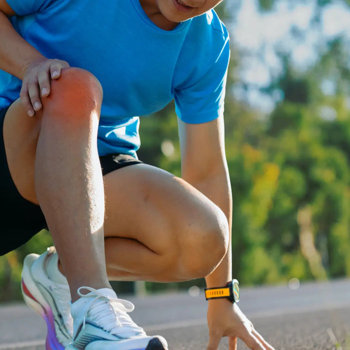 Adult preparing for a walk beside joint supplements, collagen, turmeric and omega-3 products for a Healthy.co.nz joint support guide.