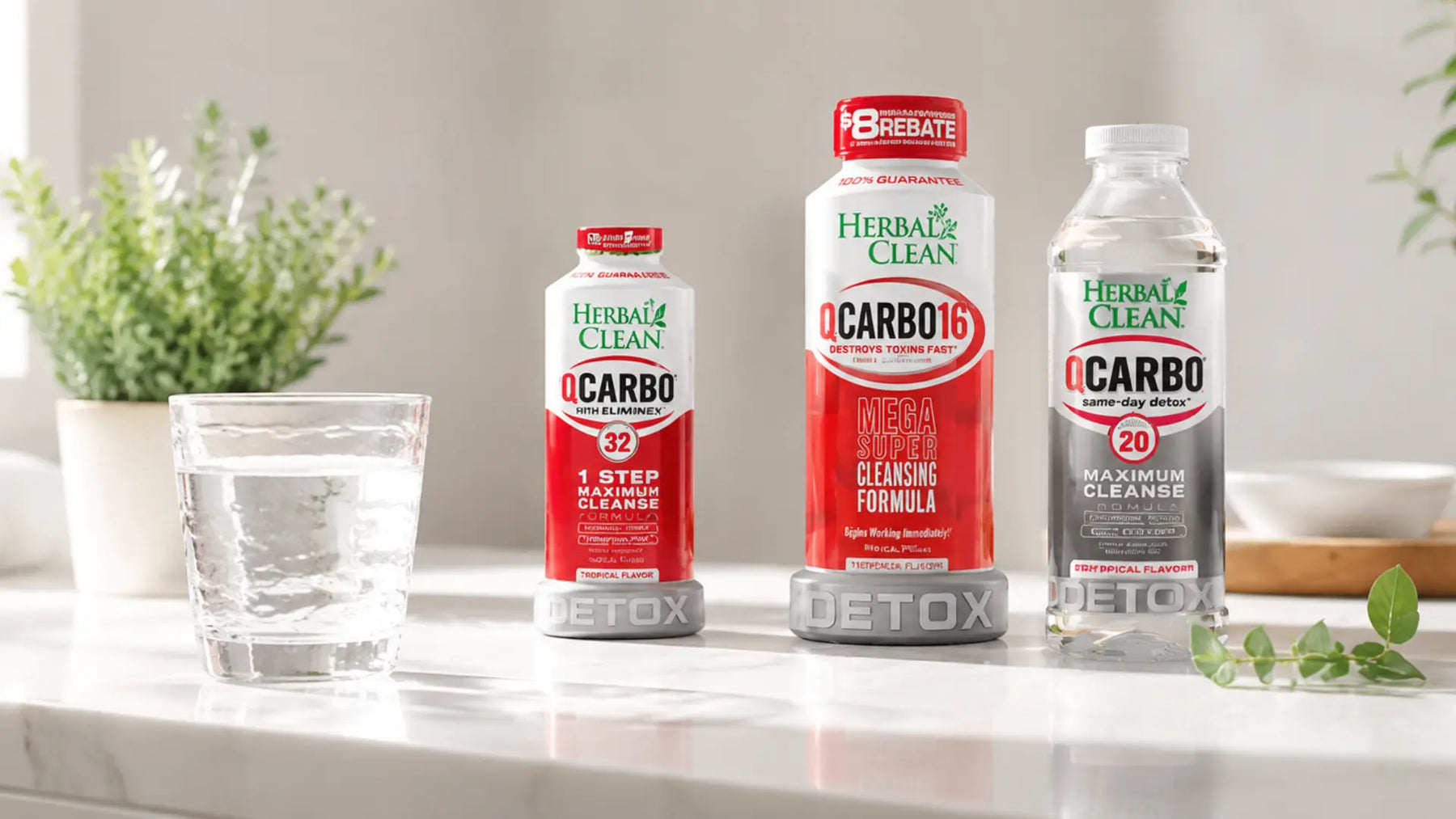 QCarbo cleanse products with a glass of water on a clean wellness counter for a healthy.co.nz NZ product guide