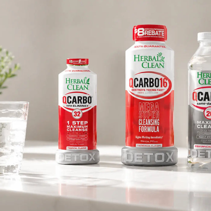 QCarbo cleanse products with a glass of water on a clean wellness counter for a healthy.co.nz NZ product guide