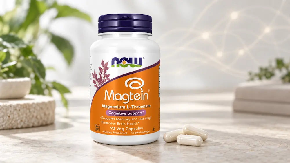 NOW Magtein magnesium L-threonate bottle with three capsules for a Healthy NZ label guide