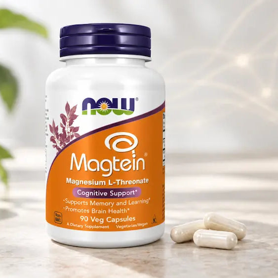 NOW Magtein magnesium L-threonate bottle with three capsules for a Healthy NZ label guide