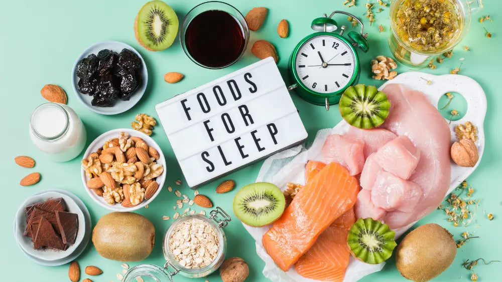 Overhead arrangement of protein-rich foods, pumpkin seeds, botanical leaves and unbranded supplement capsules illustrating the difference between L-tryptophan and 5-HTP.