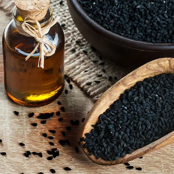 Black seed oil liquid bottle, measured teaspoon, softgels and Nigella sativa seeds compared for serving size, freshness and TQ labels