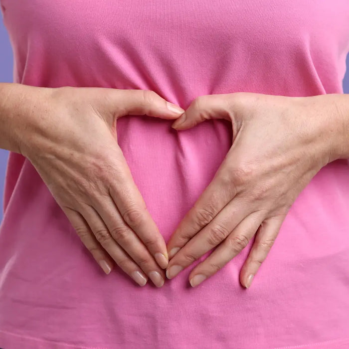 Digestive enzymes, probiotics and fibre supplement options on a Healthy gut support shelf
