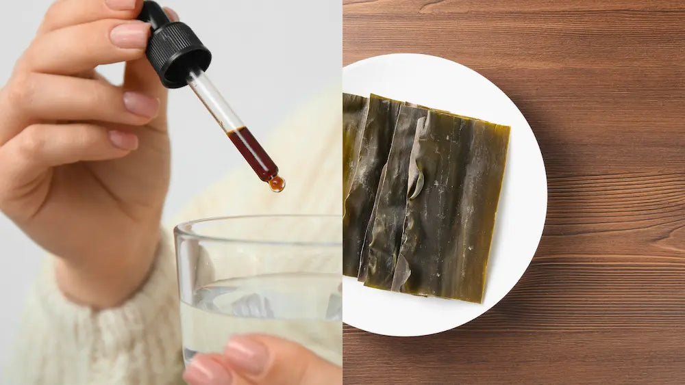 Iodine drops and kelp capsules beside a receipt-style label comparison of iodine mcg and kelp milligrams