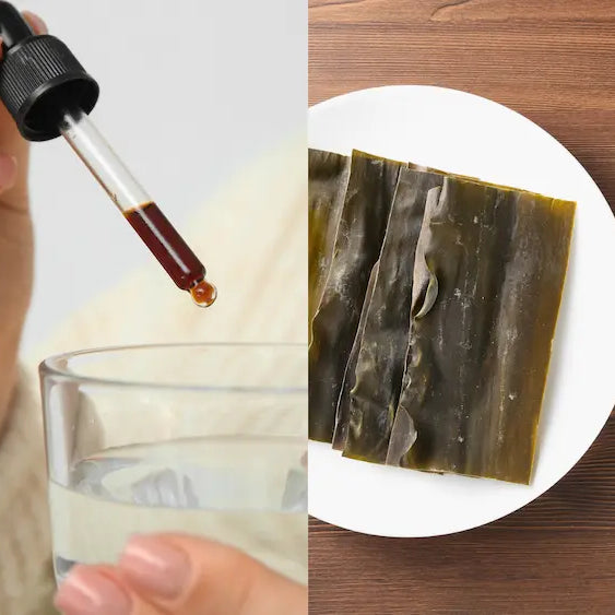 Iodine drops and kelp capsules beside a receipt-style label comparison of iodine mcg and kelp milligrams