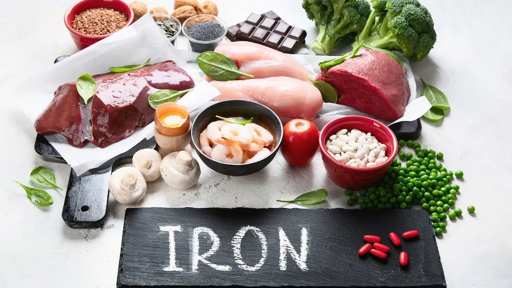 Iron supplement capsules beside a neutral bottle and ingredient label concept, illustrating a comparison of iron bisglycinate and ferrous sulphate.