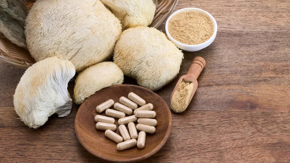 Lion's Mane mushroom with ginkgo leaves, brahmi foliage, black pepper and vegetable capsules beside a supplement bottle.