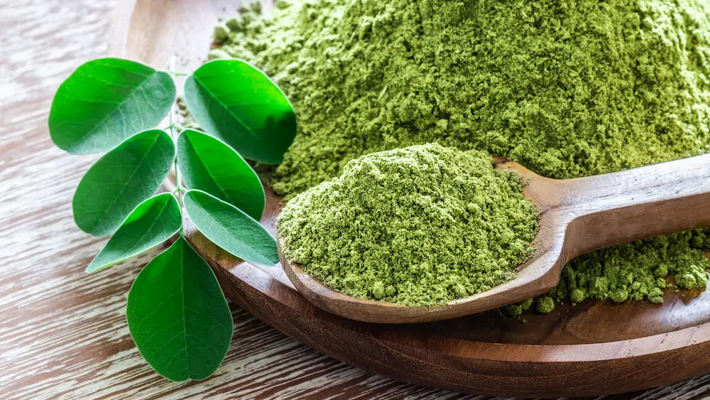 Moringa leaf powder in a scoop beside capsules and fresh moringa leaves for a neutral format comparison