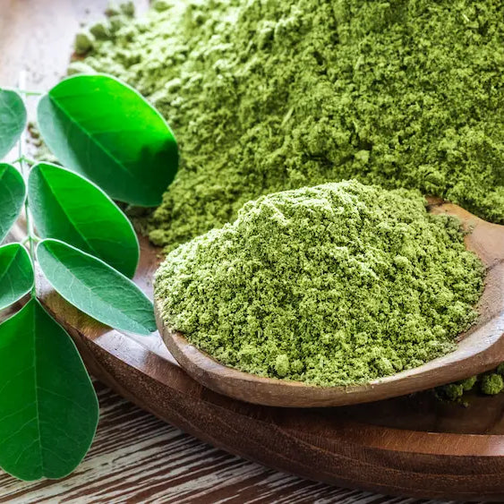 Moringa leaf powder in a scoop beside capsules and fresh moringa leaves for a neutral format comparison