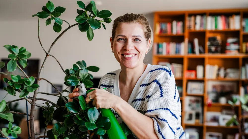 Woman comparing perimenopause supplement bottles in a home wellness cupboard
