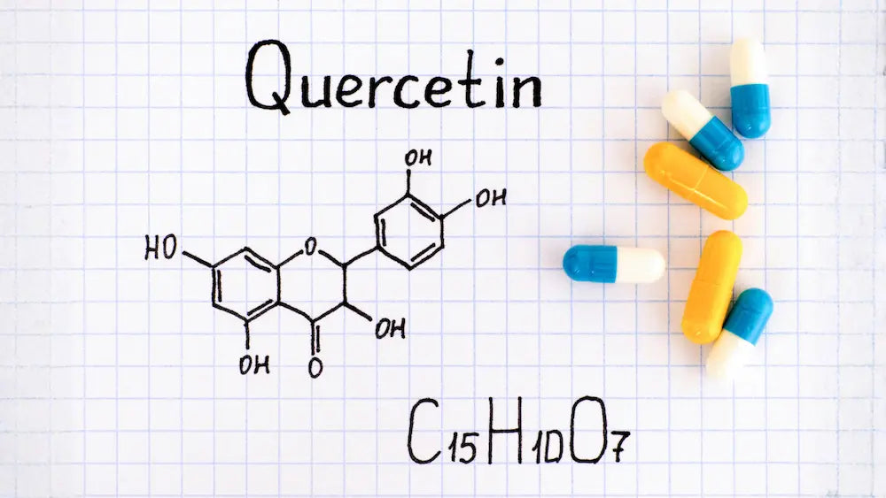 Two quercetin with bromelain supplement bottles being compared on a table, illustrating different capsule directions and daily serving amounts in NZ.