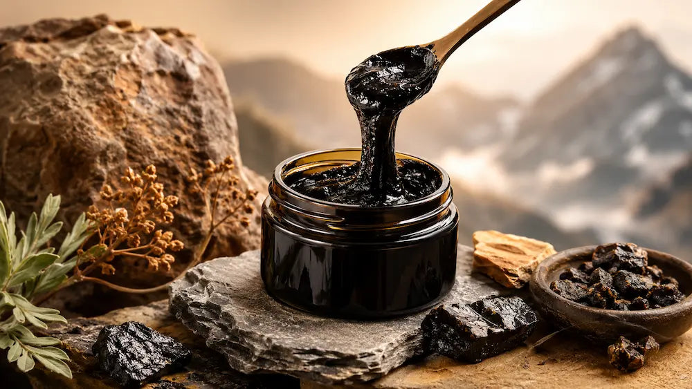 Shilajit resin and capsules beside a batch-testing checklist for a New Zealand quality comparison