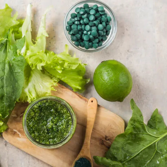 Two bowls of spirulina and chlorella green powders with a wooden scoop on a natural background.