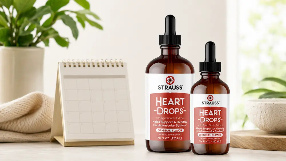 Strauss Heartdrops 100ml and 225ml bottles beside a calendar for supply planning