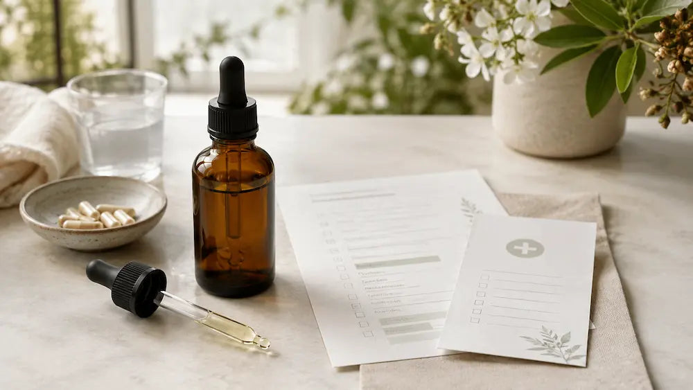 Strauss Heartdrops safety check with herbal tincture bottle, medicine list and pharmacist note