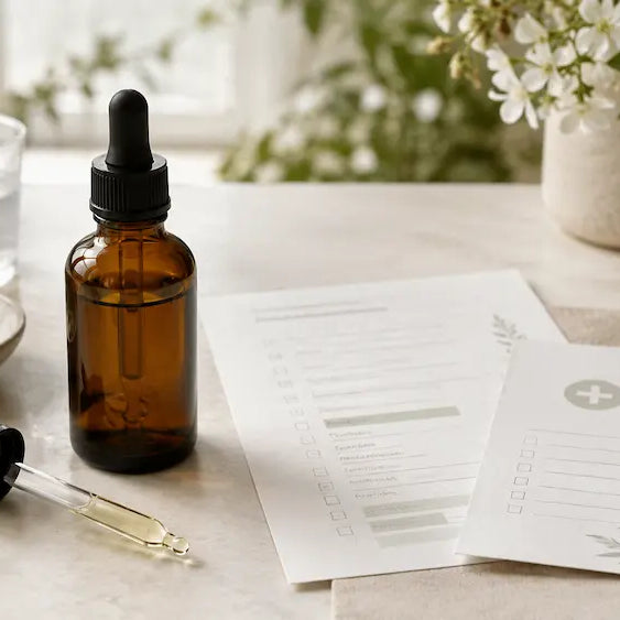 Strauss Heartdrops safety check with herbal tincture bottle, medicine list and pharmacist note