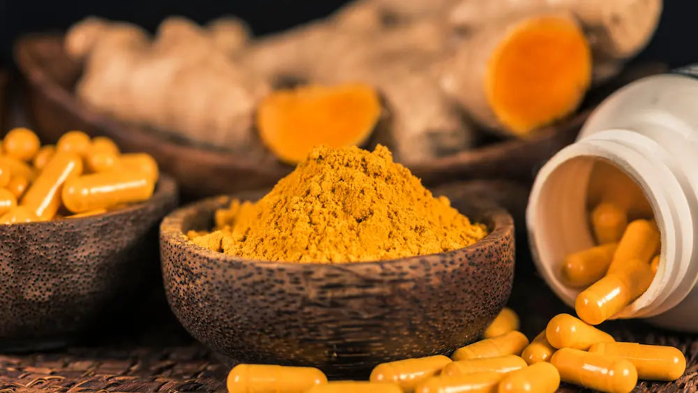Turmeric and curcumin supplement labels compared beside turmeric rhizome, capsules and a magnifying glass