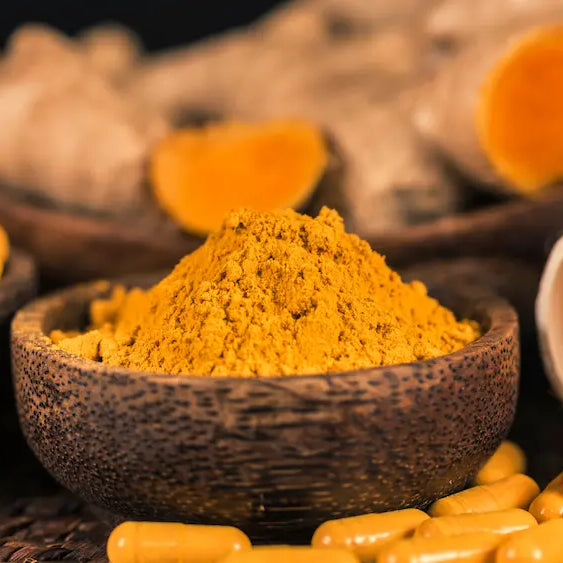 Turmeric and curcumin supplement labels compared beside turmeric rhizome, capsules and a magnifying glass