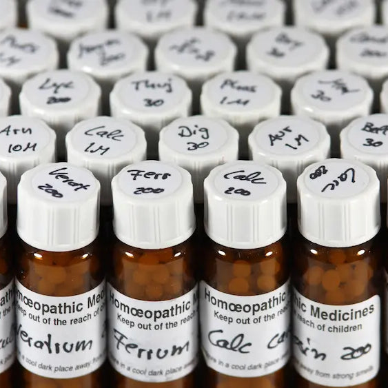 Homeopathic remedy labels showing 30C, 30X and 60X potency codes