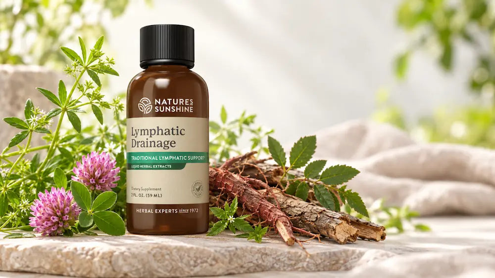 Nature's Sunshine Lymphatic Drainage drops with cleavers, red clover blossoms, red root and prickly ash bark