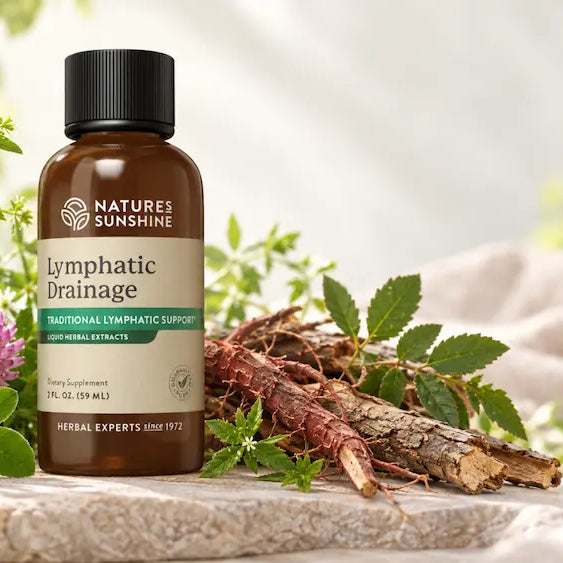 Nature's Sunshine Lymphatic Drainage drops with cleavers, red clover blossoms, red root and prickly ash bark